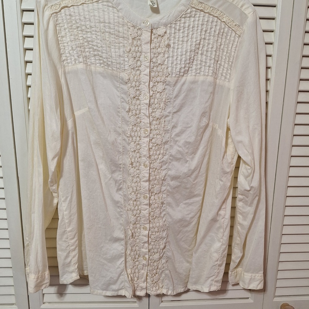 Krazy Kat Ivory Lace Pintuck Button Down Blouse Women XL Long Sleeve Cream Boho